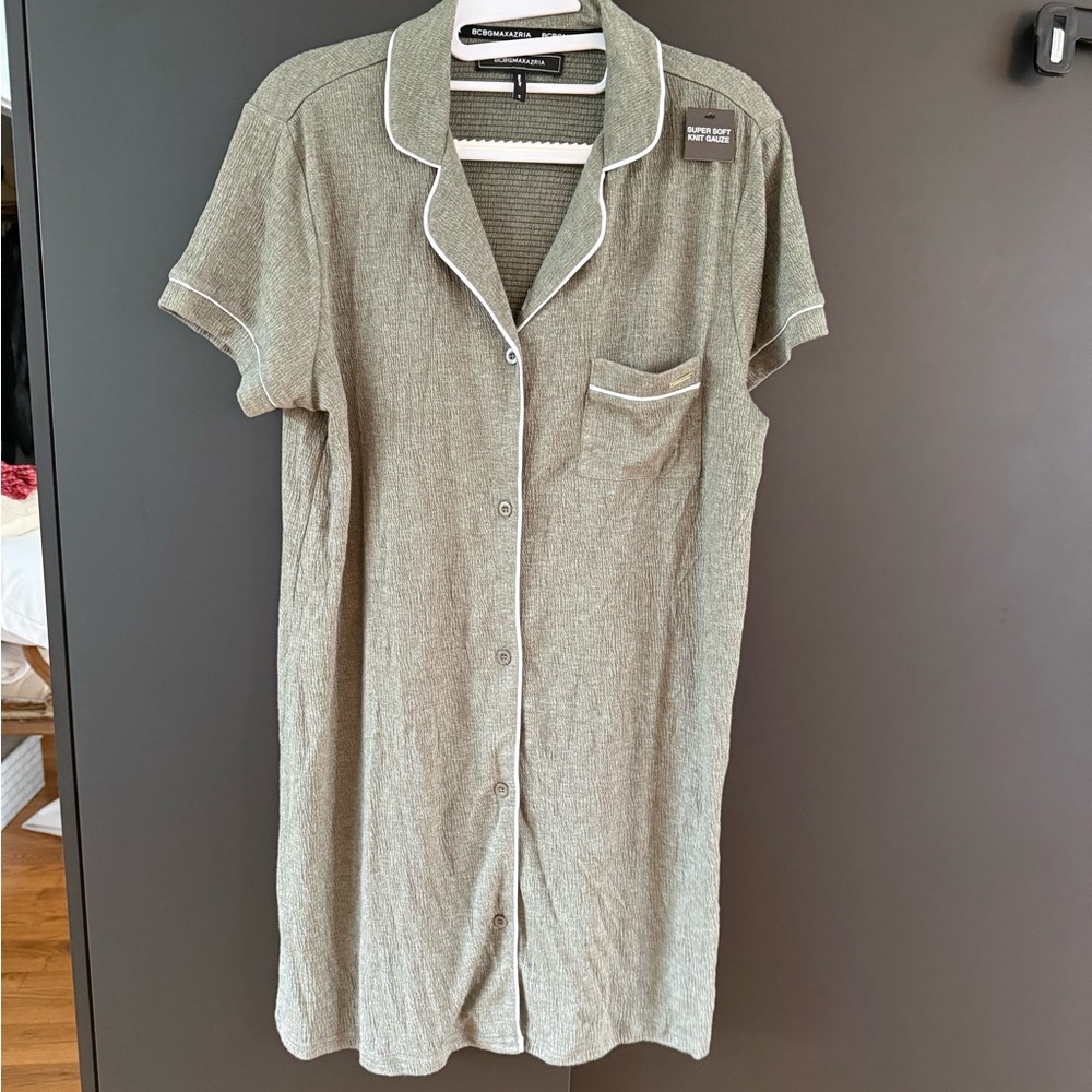 Green Button-Front Knit Shirt pajama Dress with White Piping